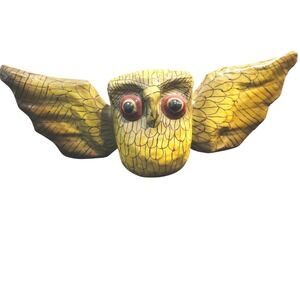Vintage 70s Mexican Paper Mache Owl Sculpture Signed Hand Painted Folk Art Decor